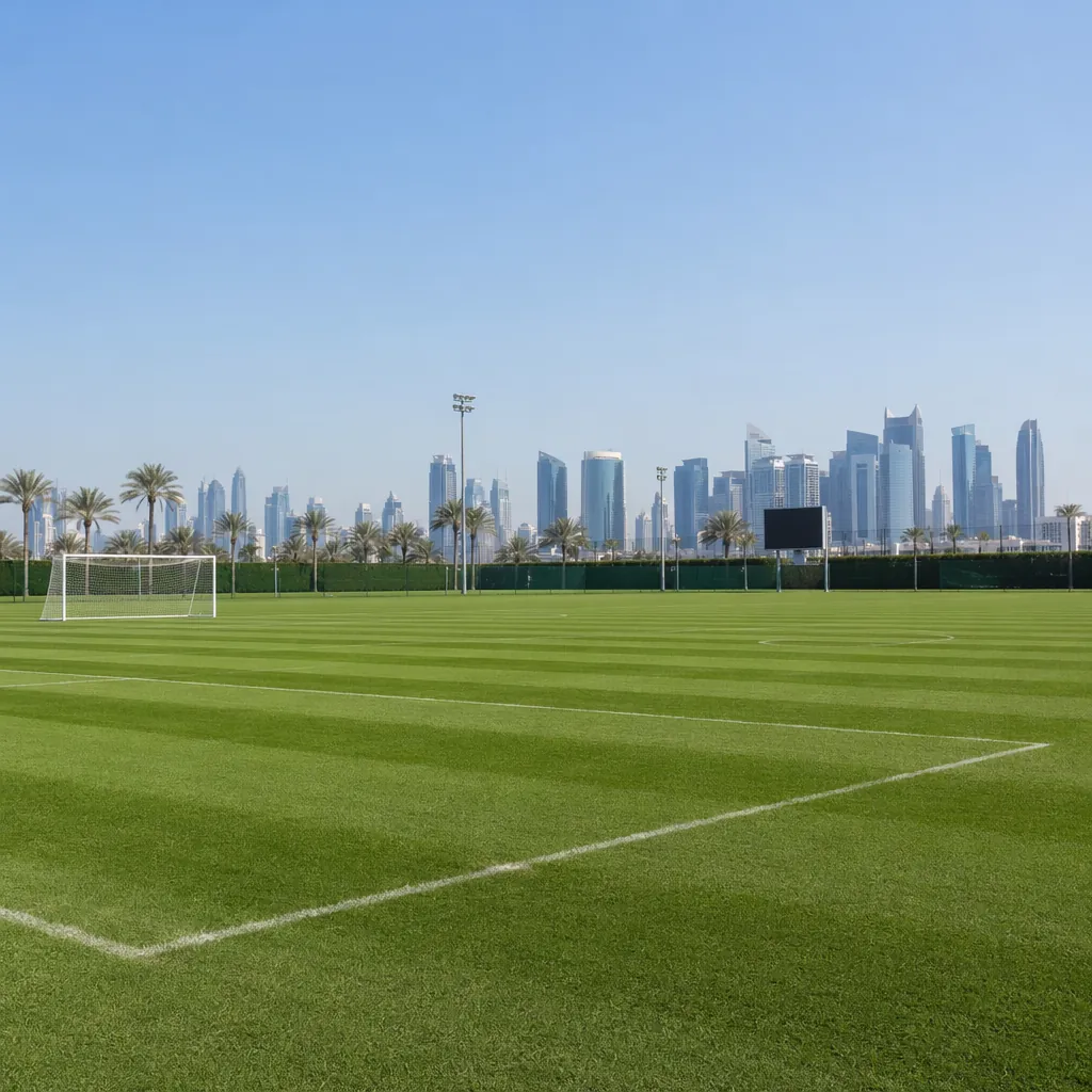 Empty green football training field with goal posts in a world cup host city, cl
