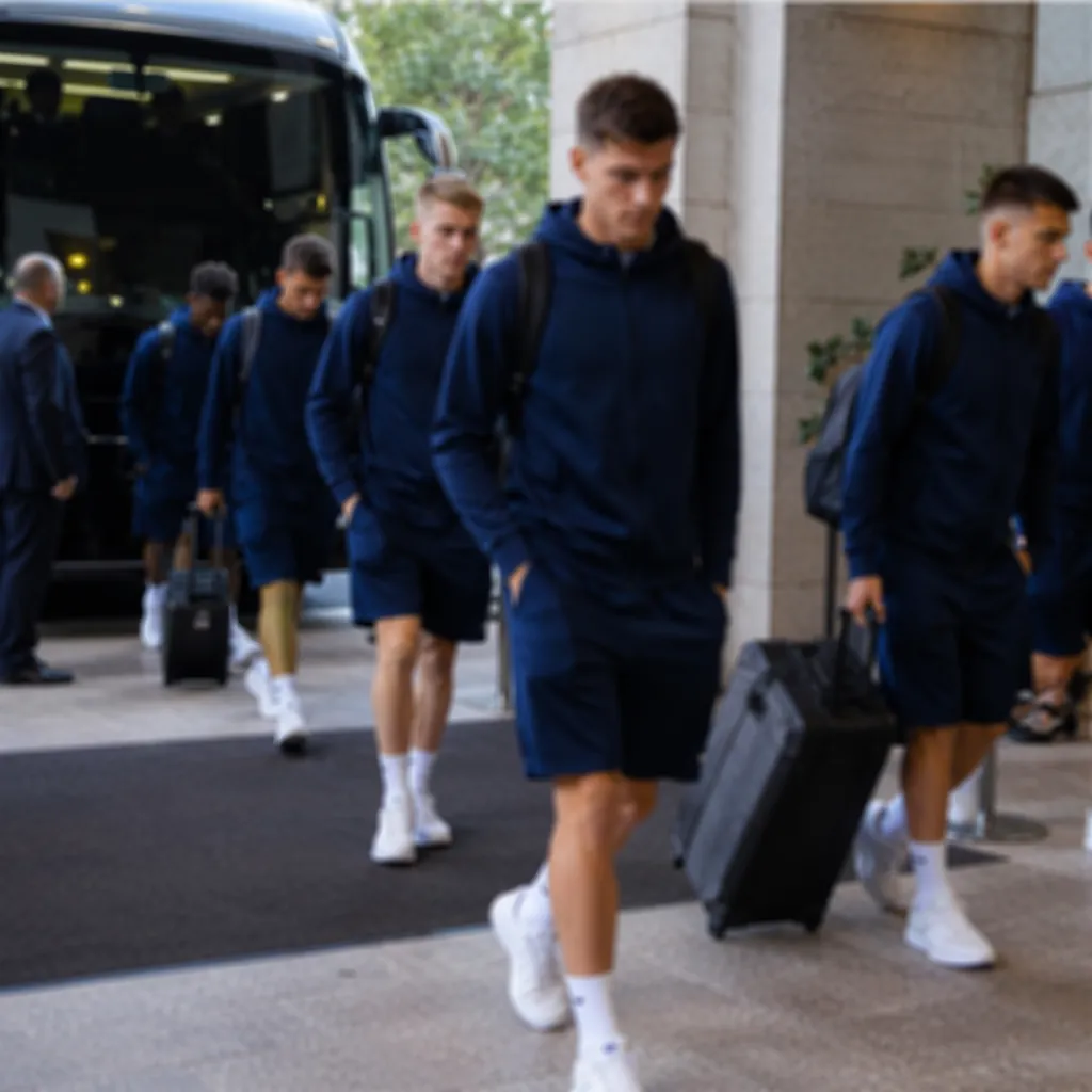 Blurred shot of a group of football players in generic training kits walking off