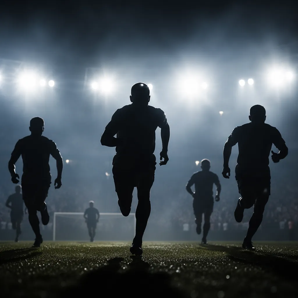 Silhouette of multiple football players running on the pitch, backlit by bright 