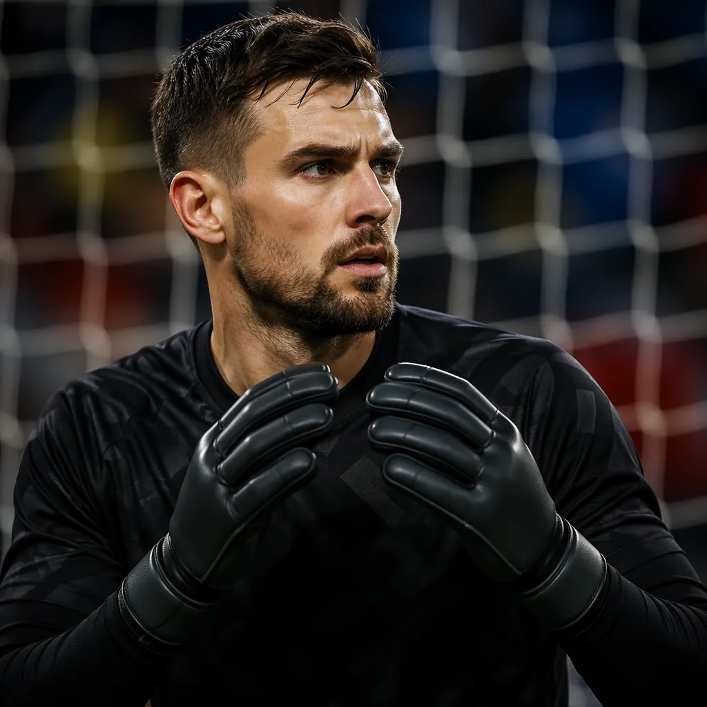 Close up shot of a goalkeeper wearing generic black gloves, standing in front of