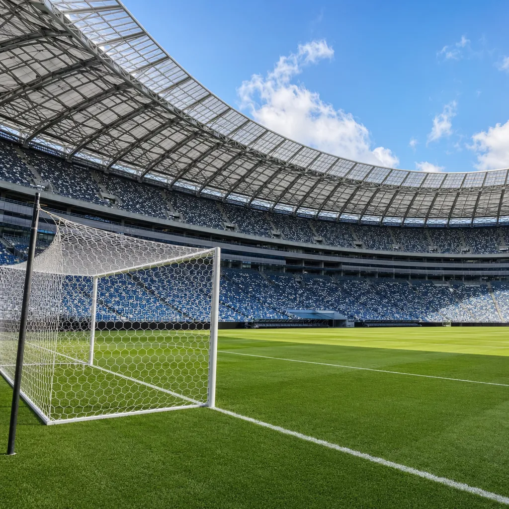 Wide shot of a modern World Cup soccer stadium interior, empty goal with clear w
