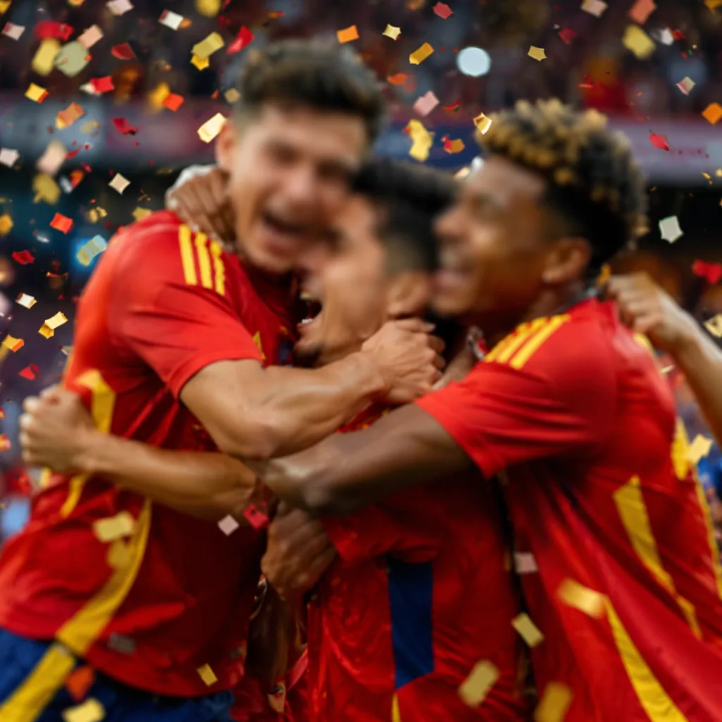 Close up of soccer players celebrating a goal on the pitch, blurred faces, team 