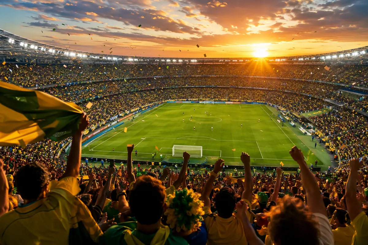 Wide shot of a packed football stadium during a World Cup match, vibrant cheering fans in 