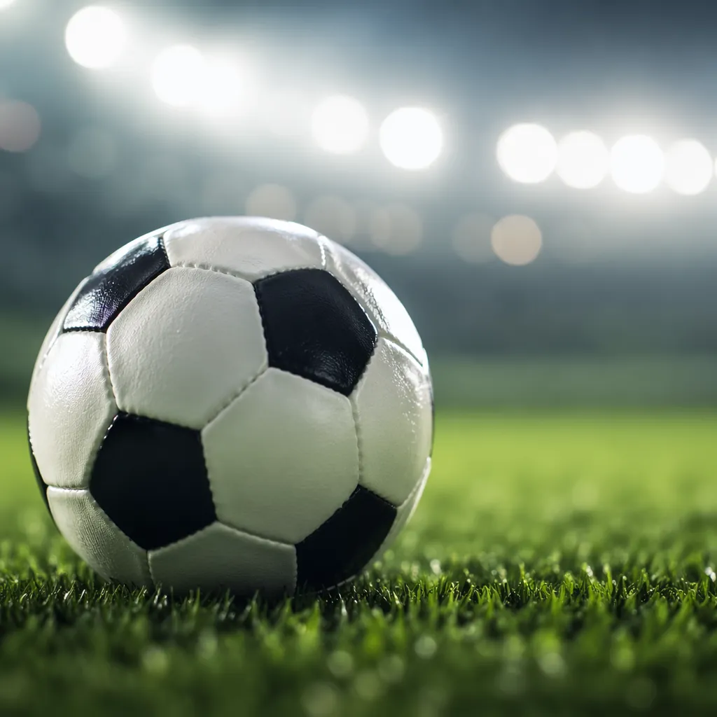 Close up of a football rolling on well-maintained green grass pitch, blurred sta