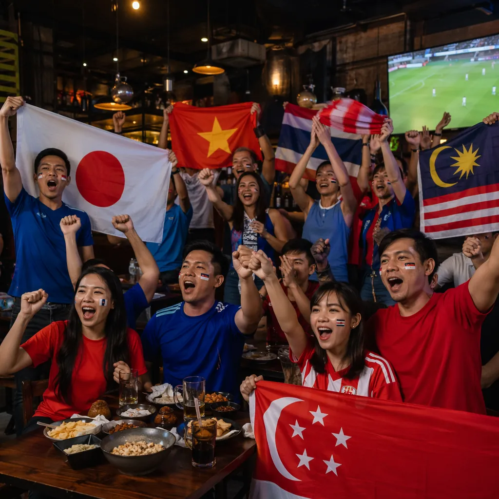 Wide shot of diverse Asian football fans cheering together in a sports bar, hold