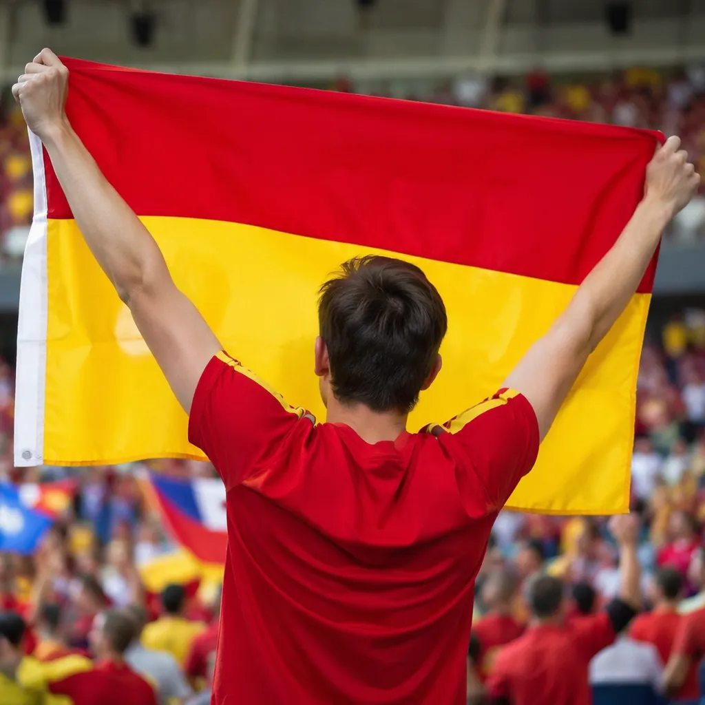 Generic shot of a football fan holding a plain national flag in stadium stands, 