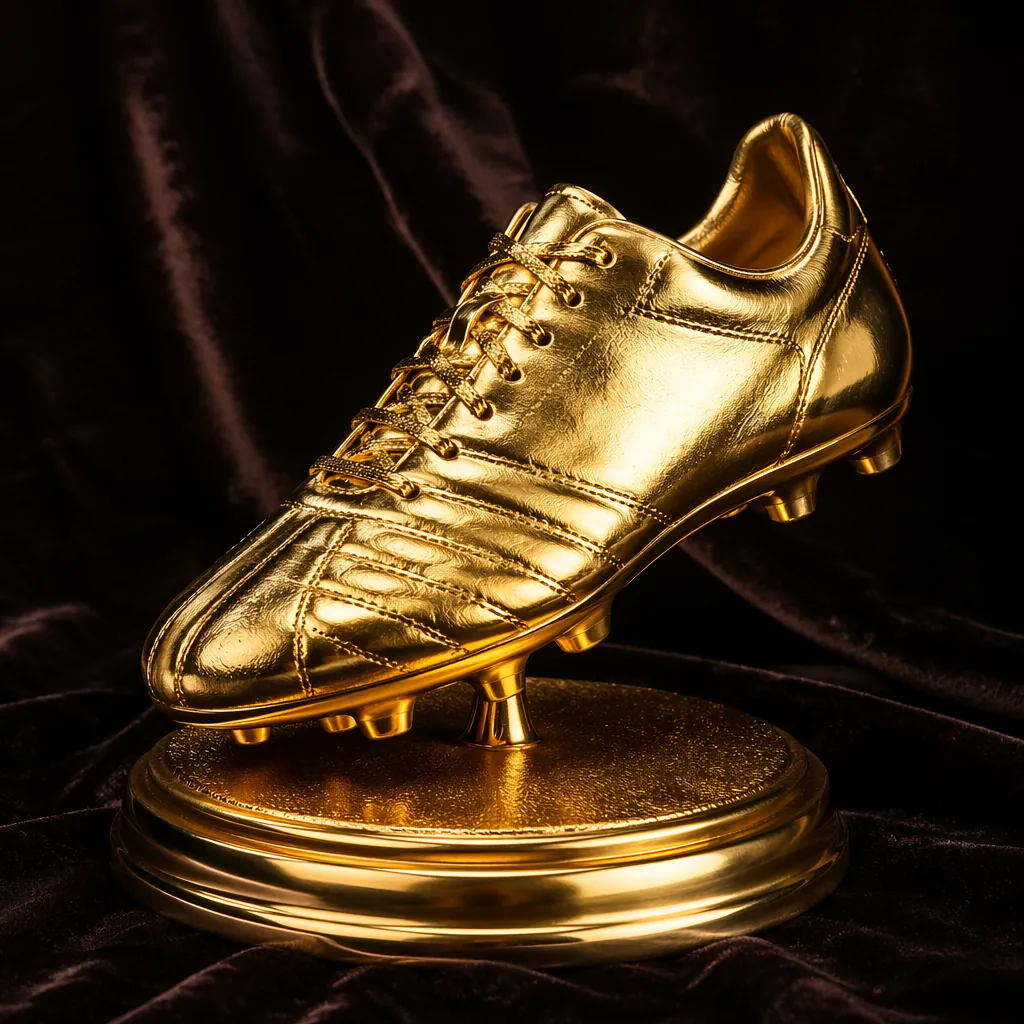 Close up of golden football golden boot trophy on dark velvet background, soft l