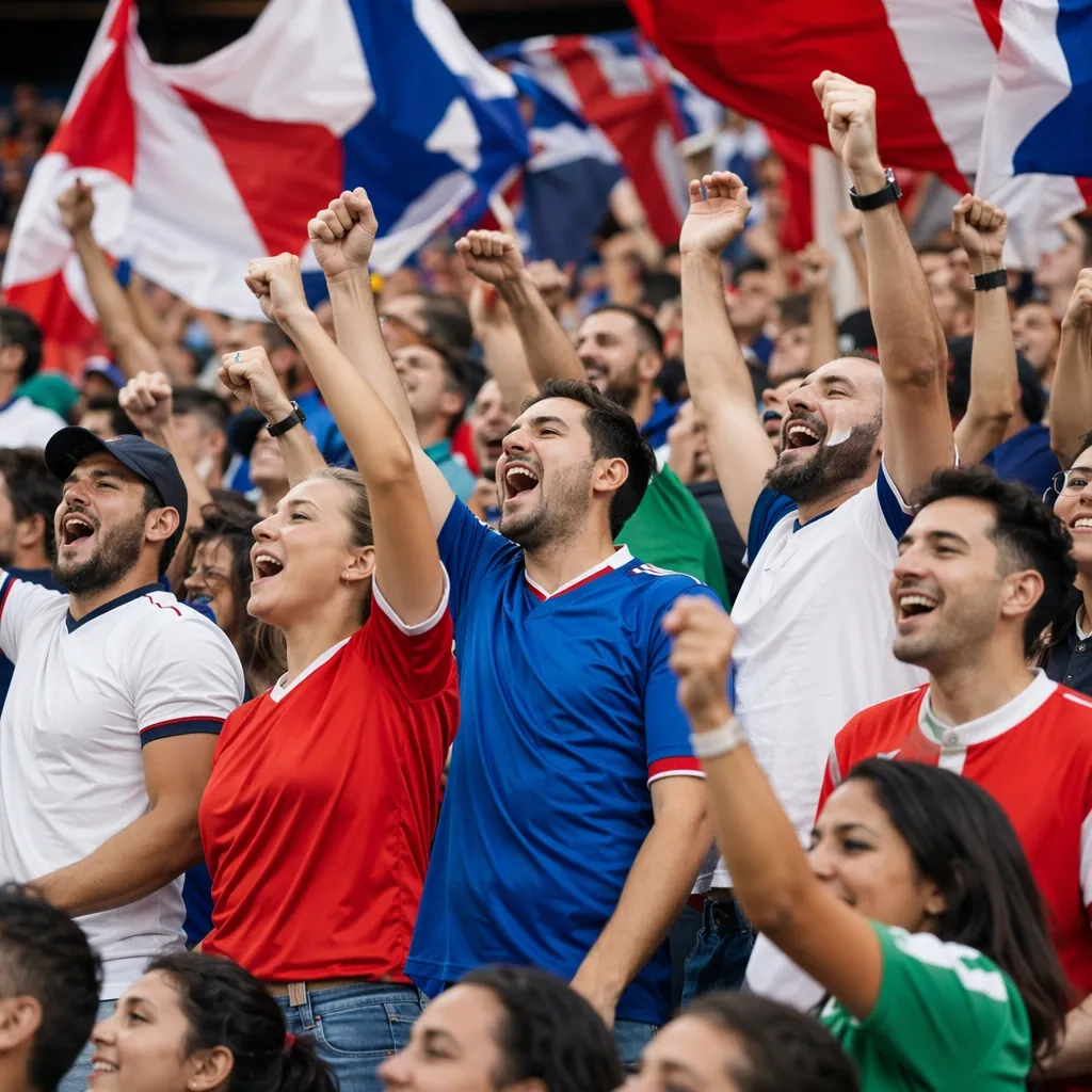 Fans wearing generic football jerseys cheering in stadium stands, colorful flags