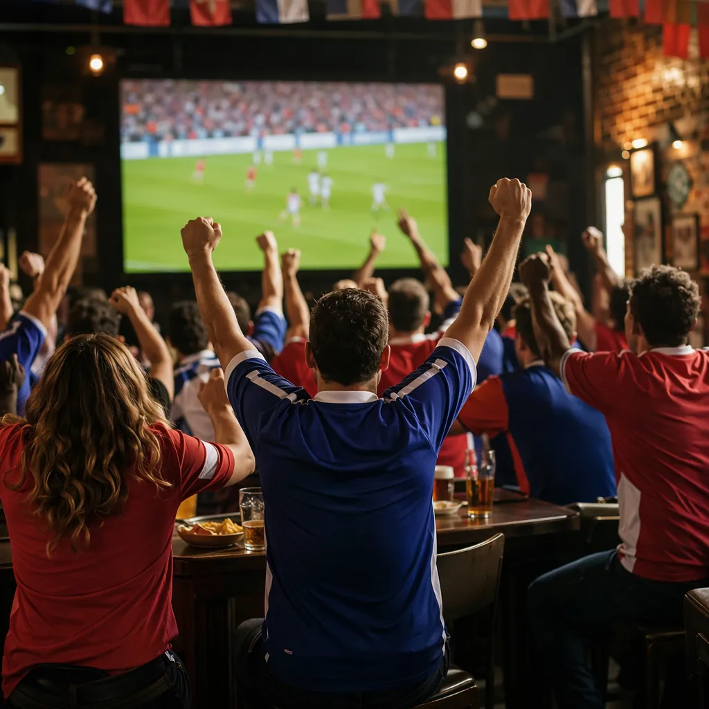 Wide shot of a group of football fans wearing generic team jerseys celebrating i