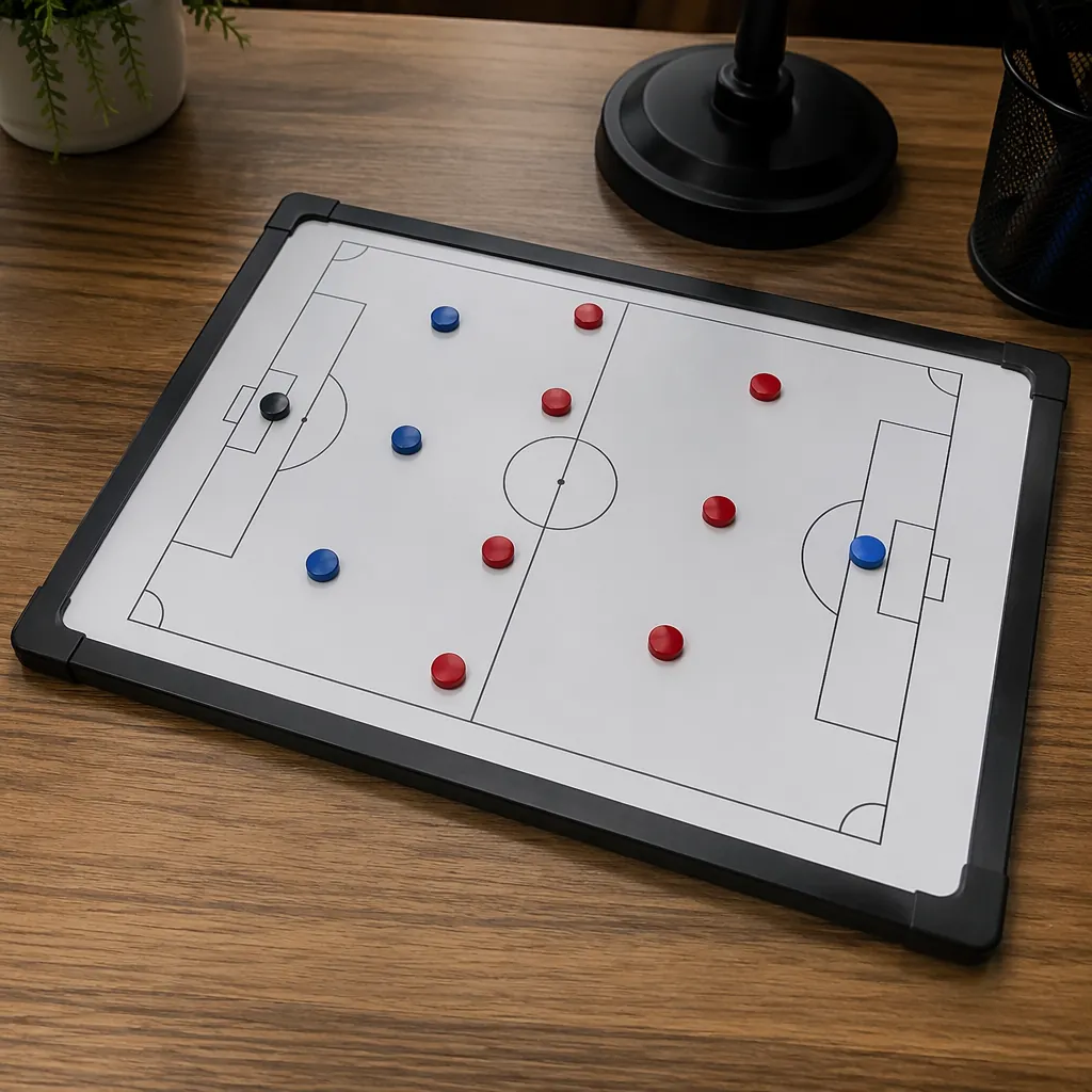 Tactical board with football formation markings, placed on a wooden desk, soft i