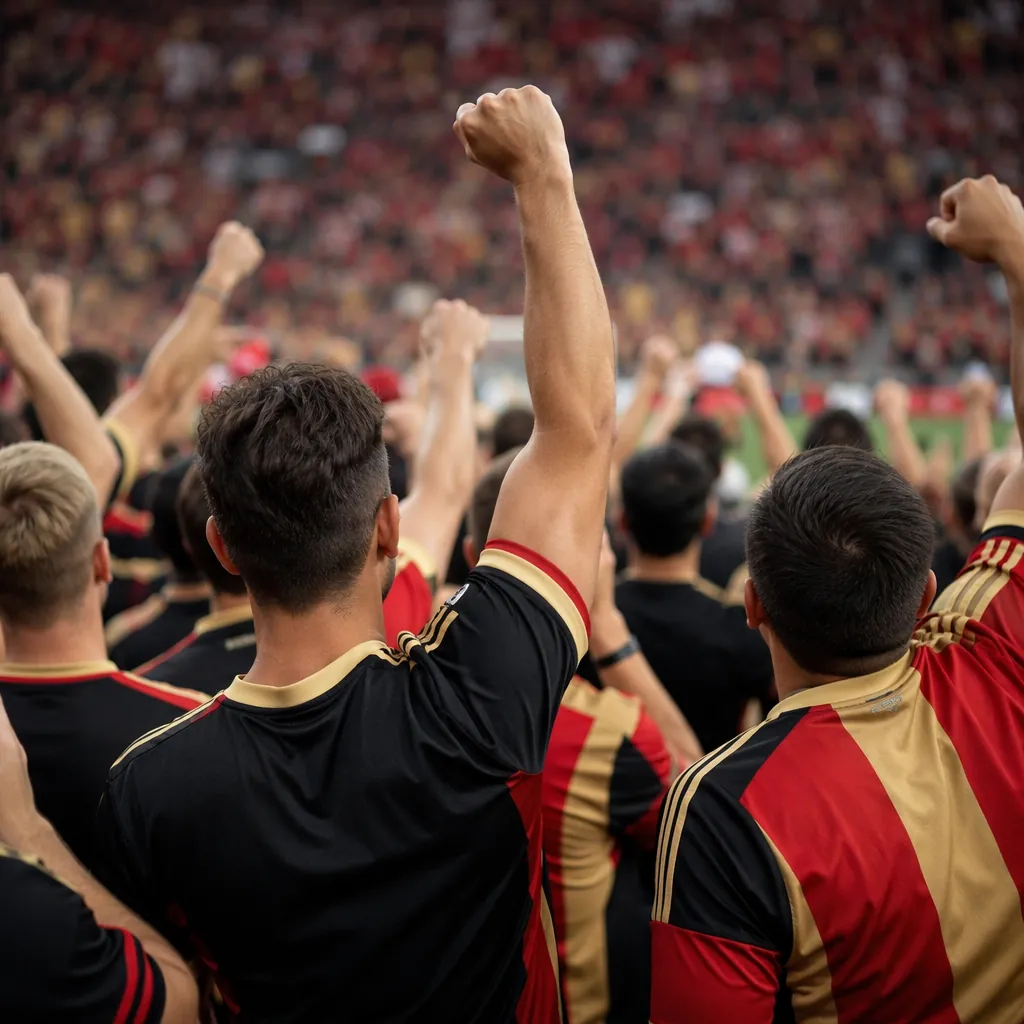 Crowd of football fans wearing generic black, red and gold jerseys, cheering in 