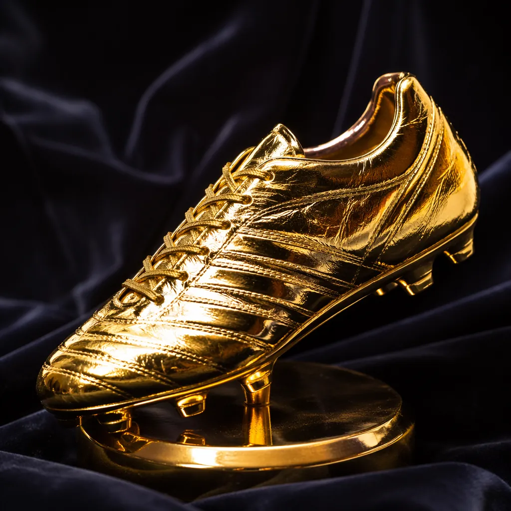 Close up shot of a golden football boot trophy on a dark velvet background, soft