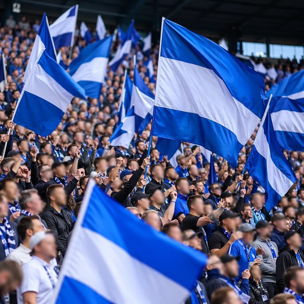 Wide shot of football fans waving blue and white flags in a stadium stand, blurr