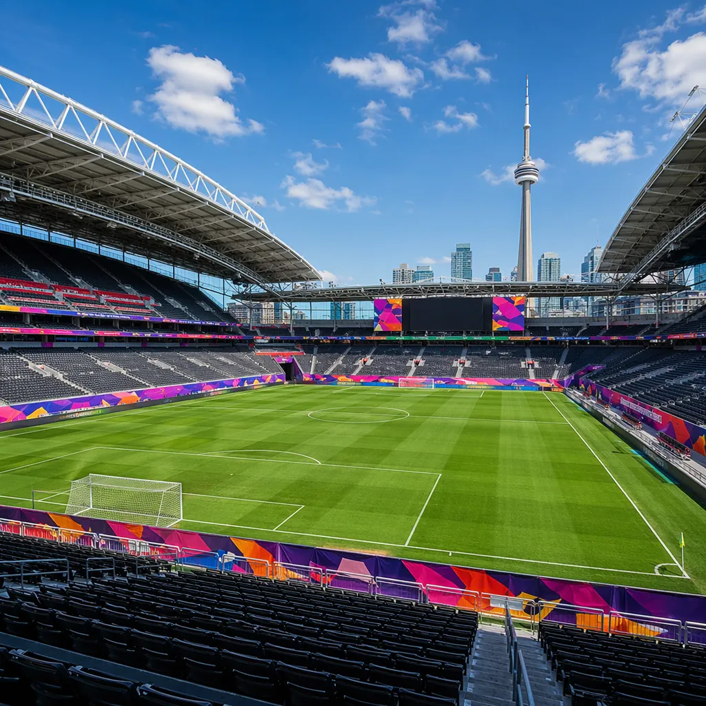 Wide shot of a World Cup group stage stadium in Toronto, green pitch, empty seat