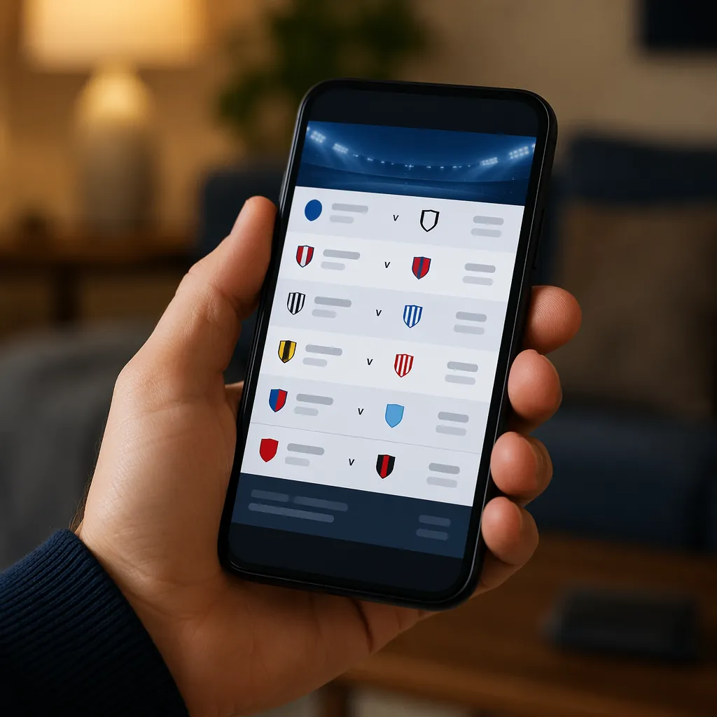 Close up of a hand holding a smartphone showing a generic football match schedul