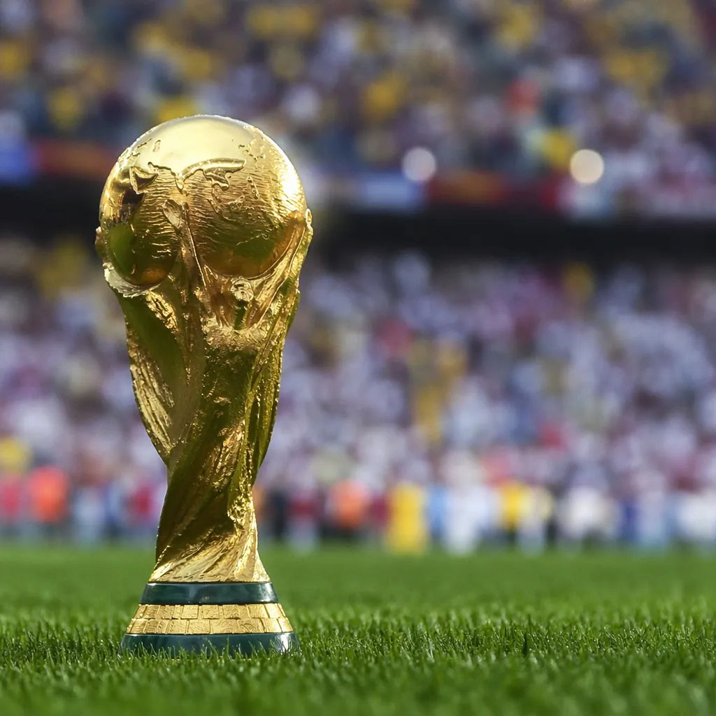 Close up shot of a golden World Cup trophy placed on a green football pitch, sof