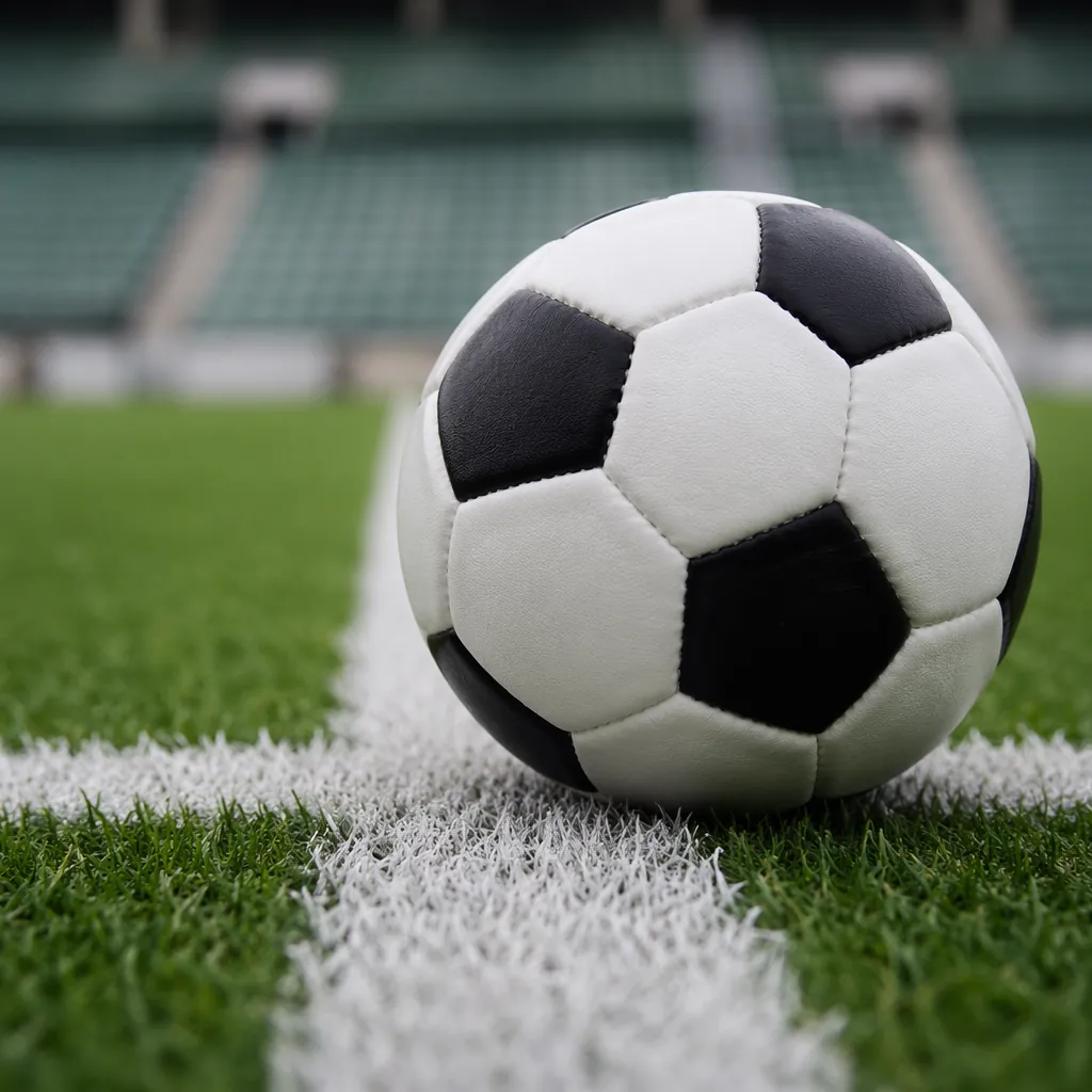 Close up shot of a football lying on the center mark of a green football pitch, 