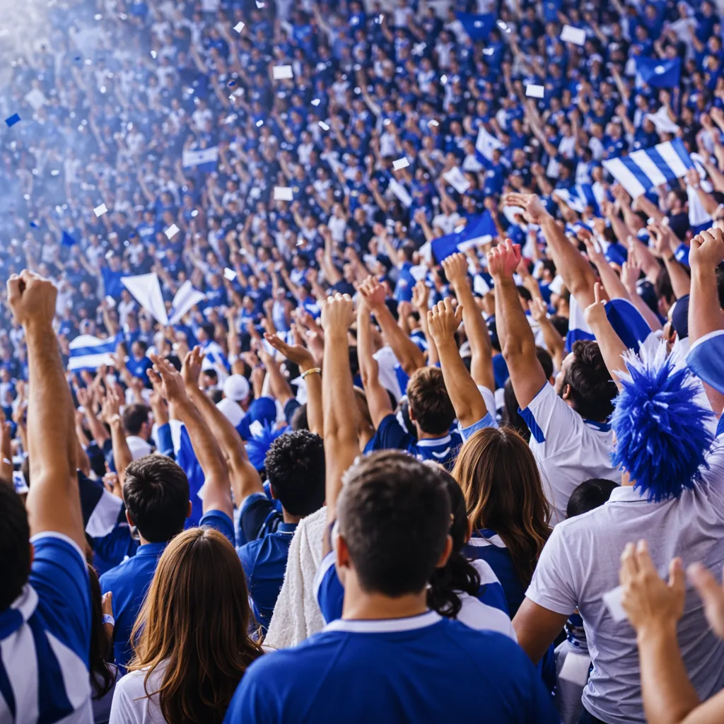 Wide shot of football fans wearing blue and white jerseys cheering in the stands