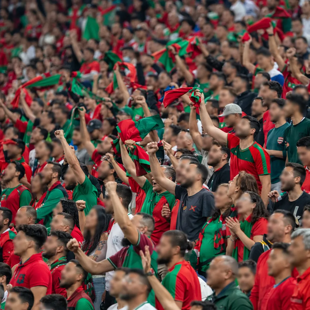 Crowd of football fans in stadium stands wearing red and green clothing, vibrant