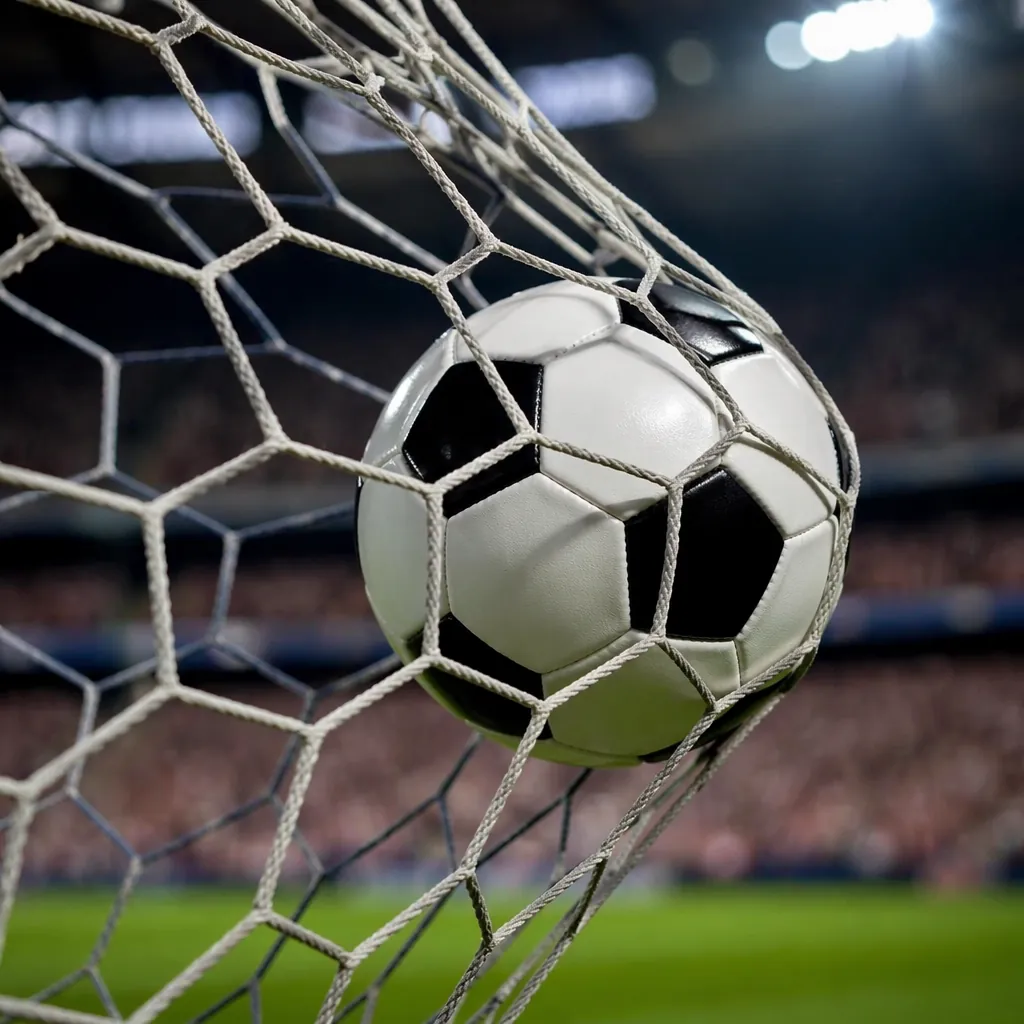Close up shot of a soccer ball hitting the back of the net during a professional