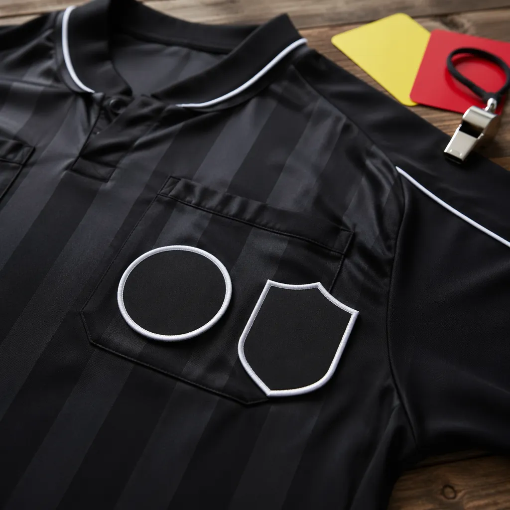 Close up of generic referee uniform and official match badges on wooden table, s