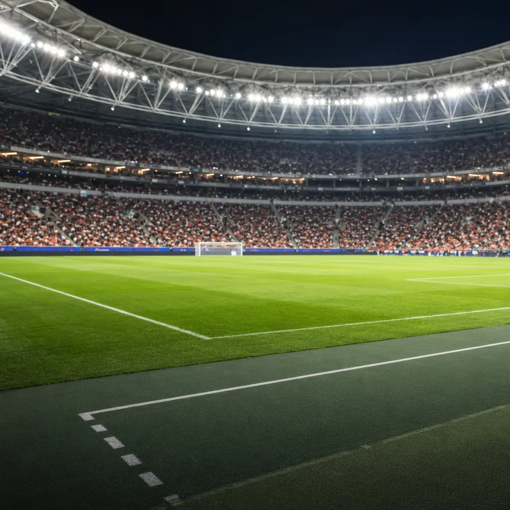 Wide shot of modern world cup football stadium interior during match day, green 