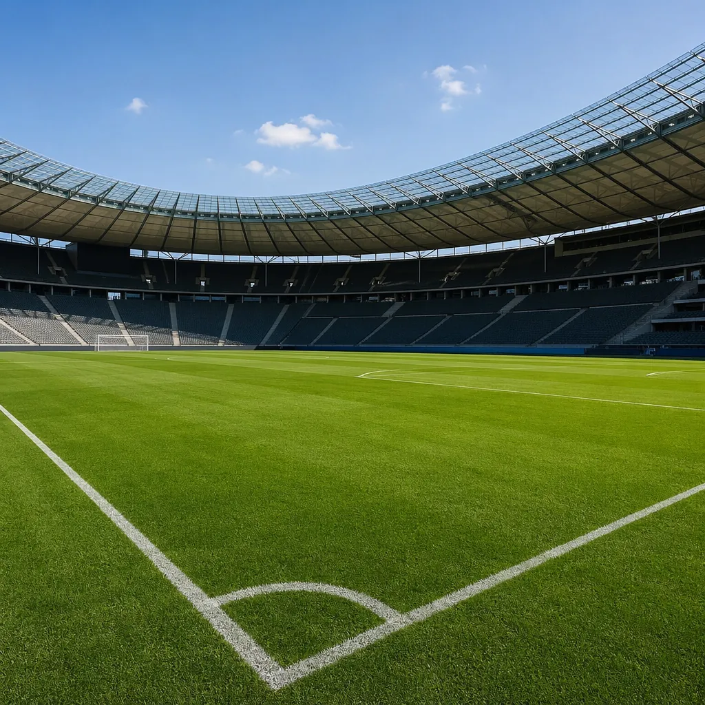Empty professional football pitch with white marking lines, sunny daytime, empty