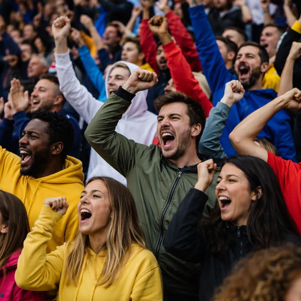 Group of anonymous football fans cheering in stadium stands, wearing generic col