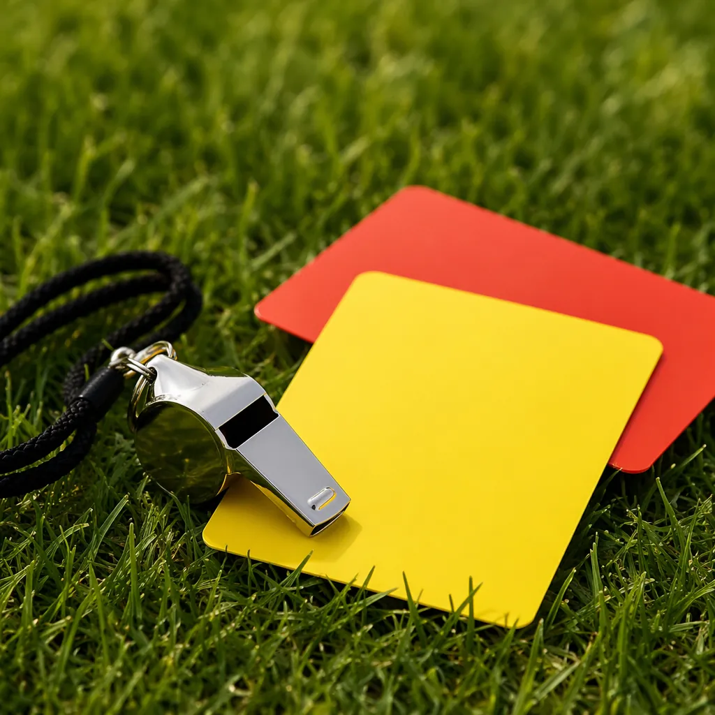 Close-up shot of a referee's official whistle, yellow card and red card placed n