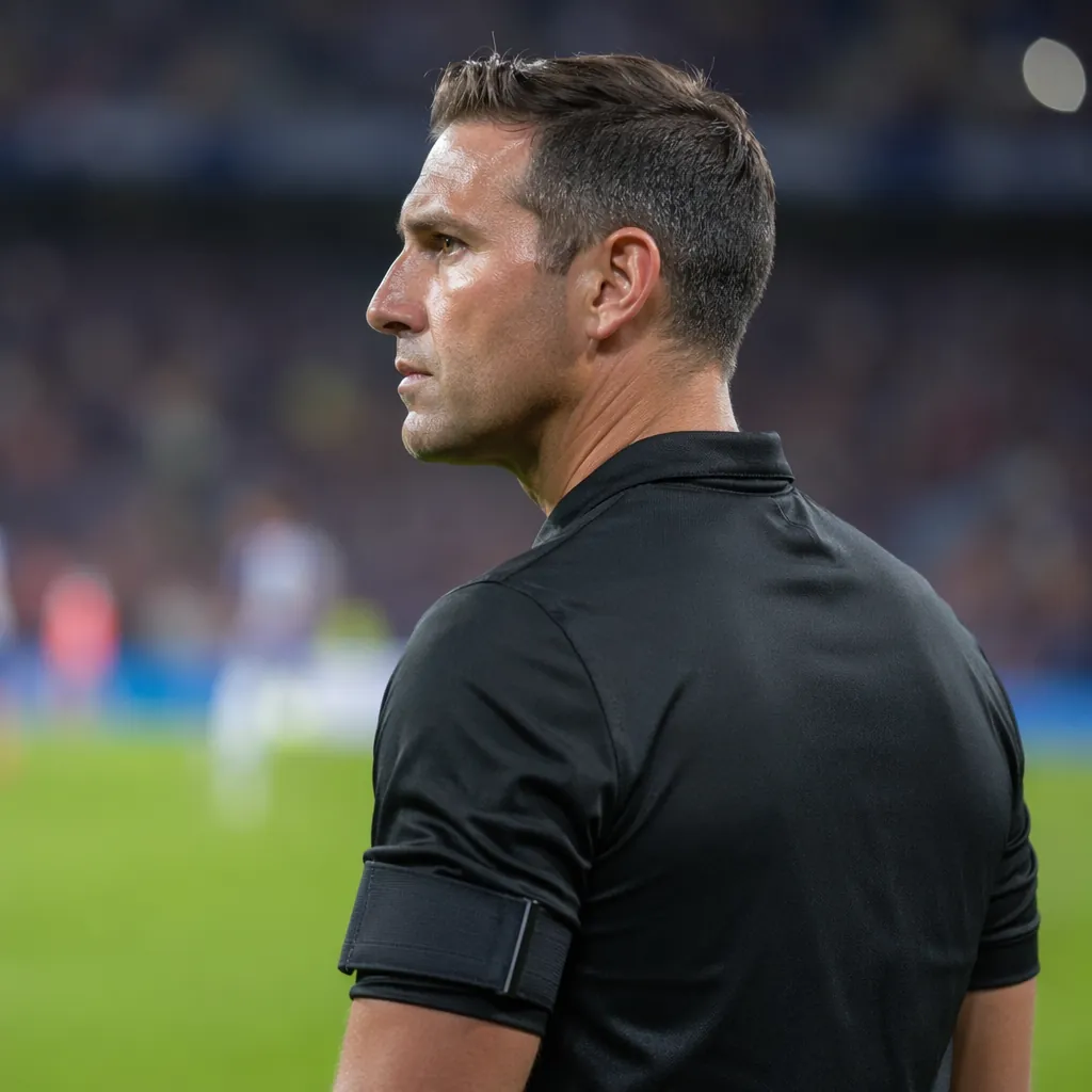 Close up shot of a professional football referee wearing black uniform standing 