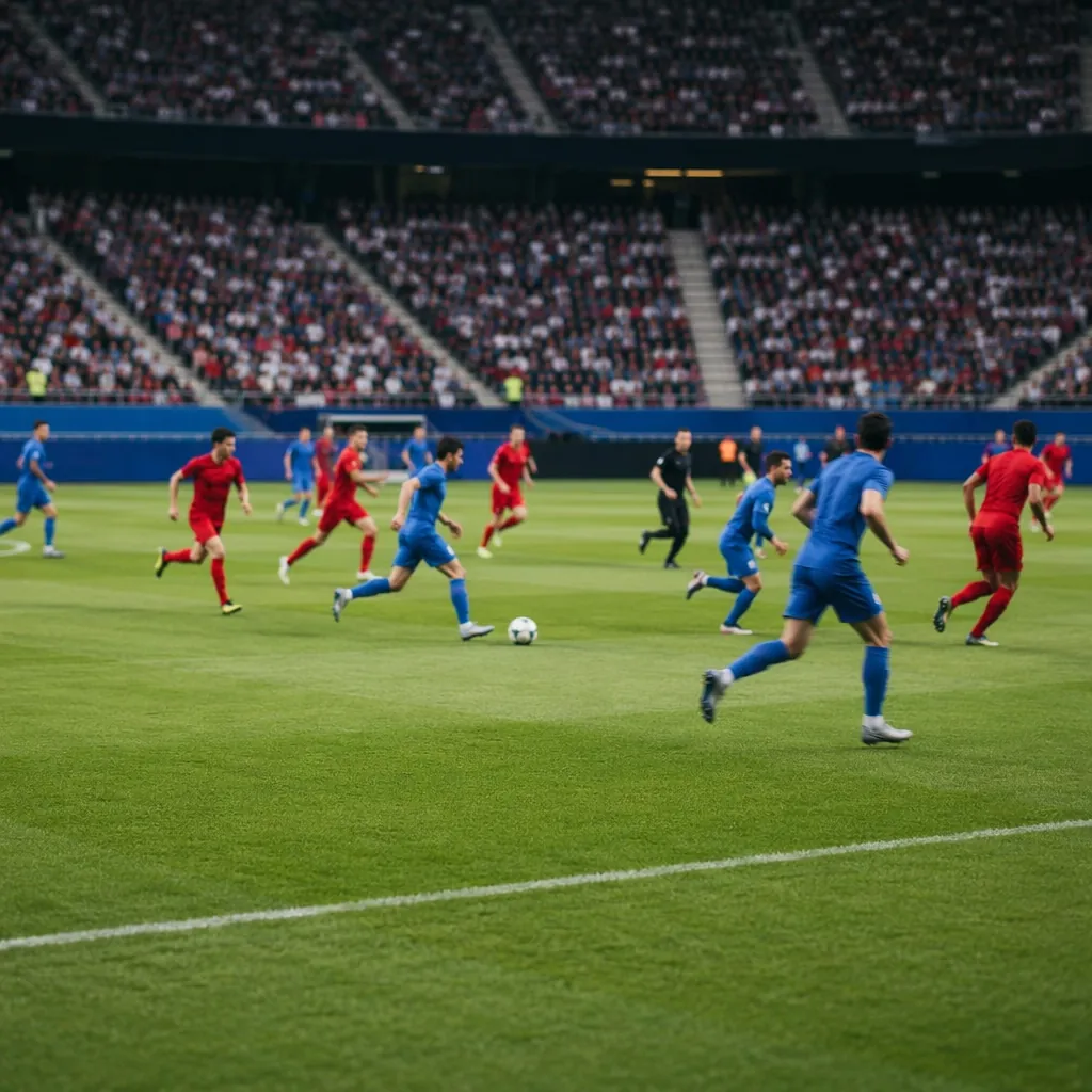 Wide shot of two national football teams playing a match on a well-maintained gr