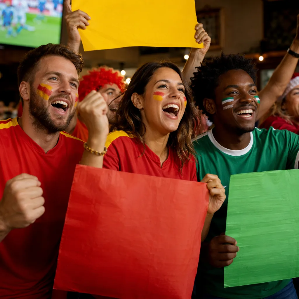 Close up shot of football fans wearing plain national team jerseys, holding home