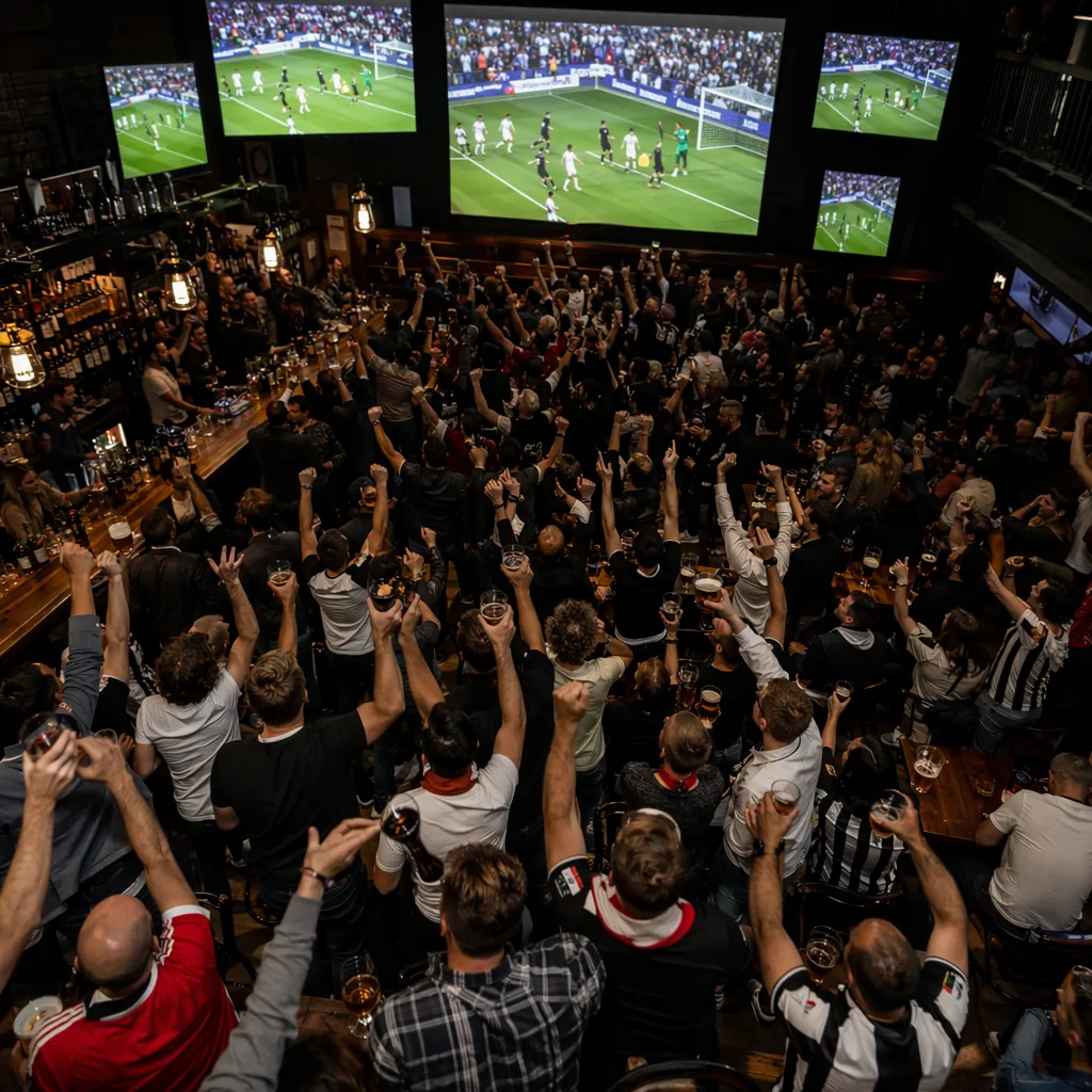 High angle shot of a packed football themed bar with multiple screens showing fo