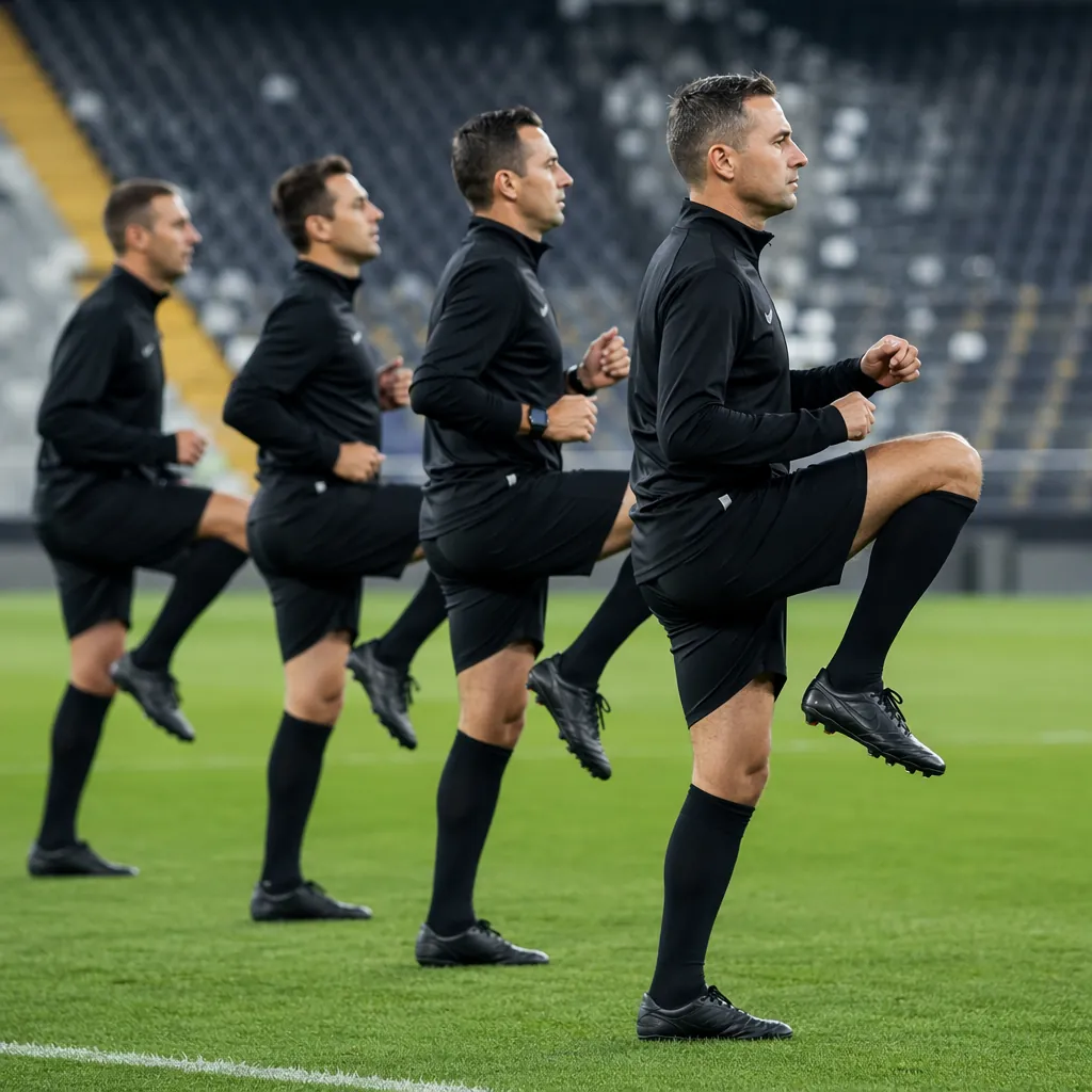 Group of soccer referees doing warm up exercises on football field, side view, p