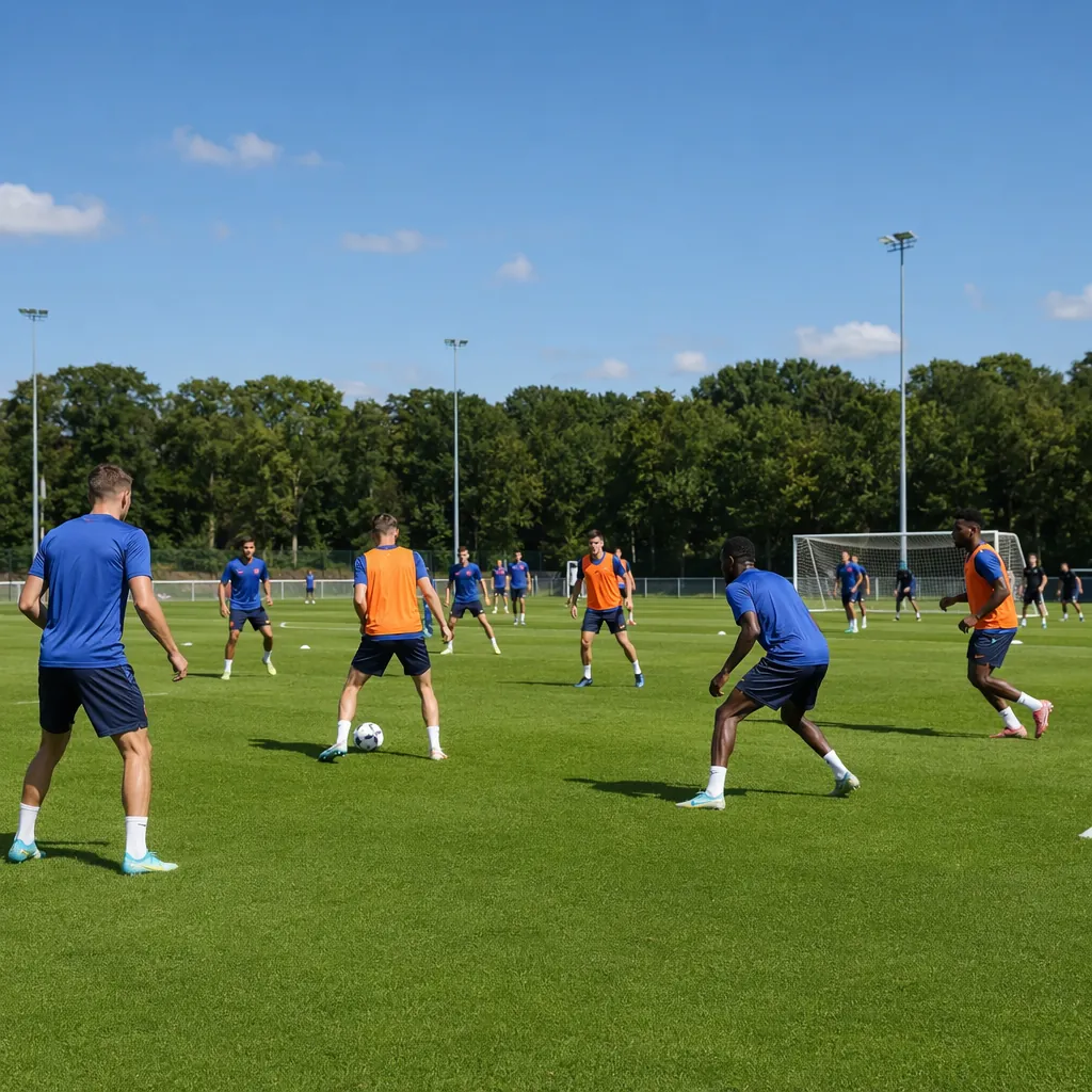 Wide shot of a football team training session, players in generic unbranded jers
