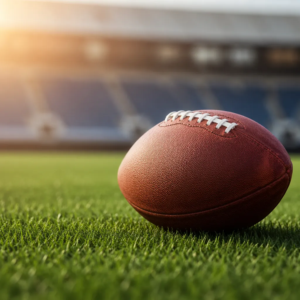 Close up shot of a football on a well-maintained green pitch, soft sunlight, blu