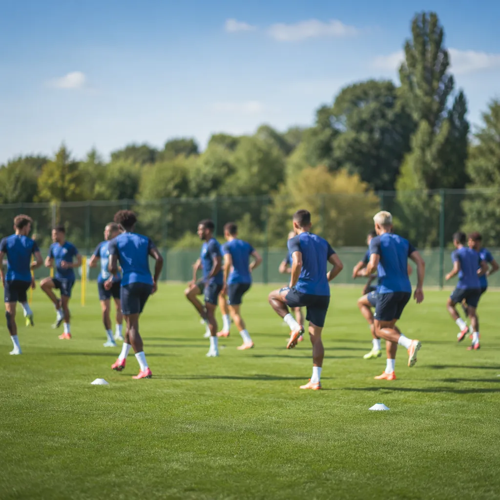 Wide shot of a group of blurred football players in training kits doing warm up 