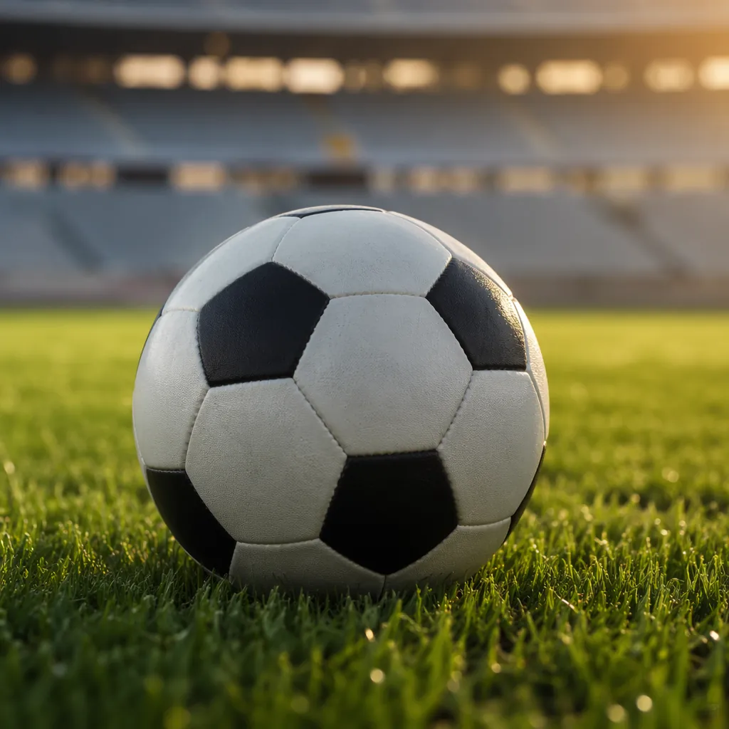 Close-up shot of a soccer ball resting on well-maintained green grass, blurred s