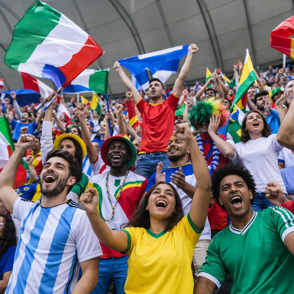 Wide shot of a diverse group of soccer fans cheering in a stadium, wearing gener