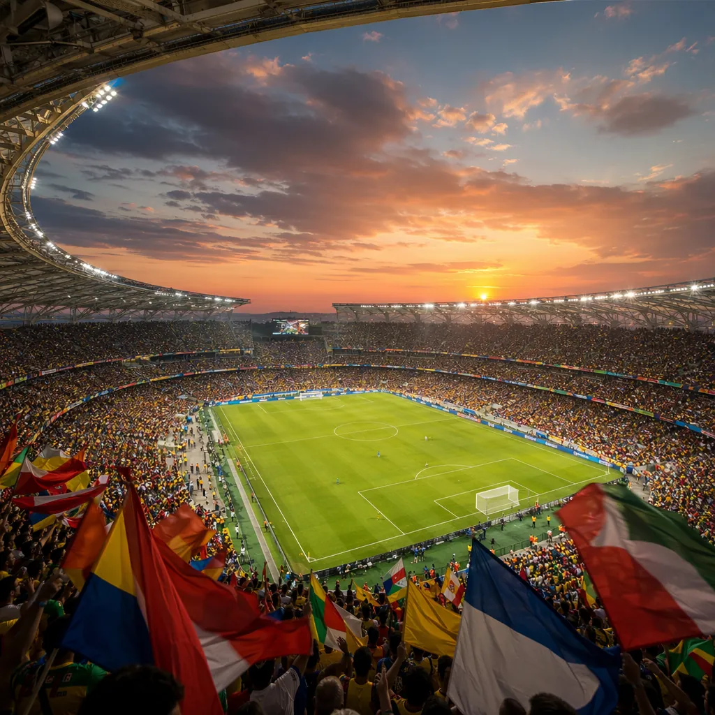 Wide shot of a modern World Cup football stadium at dusk, colorful fan banners w