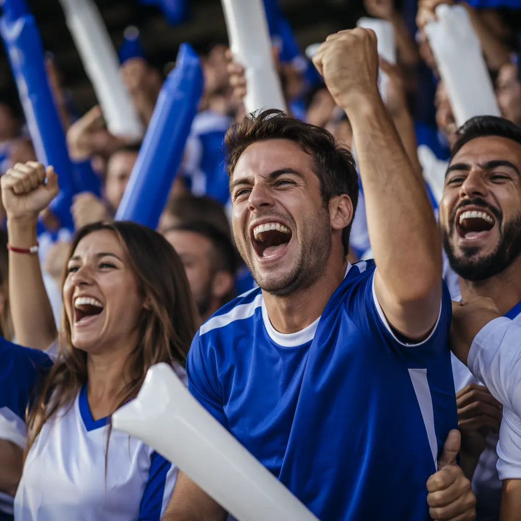 Close up of football fans celebrating in a stadium, wearing generic blue and whi