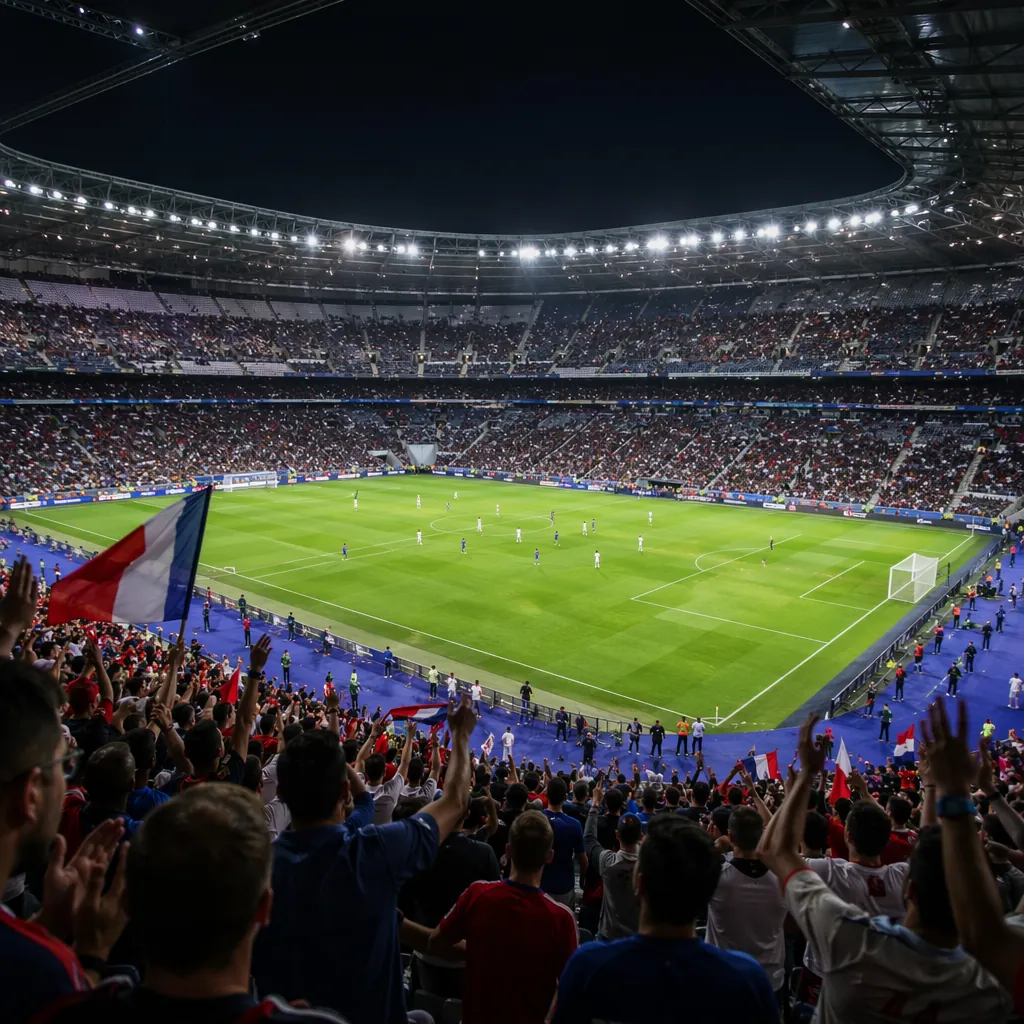 Wide shot of a football stadium during an international friendly match, empty se