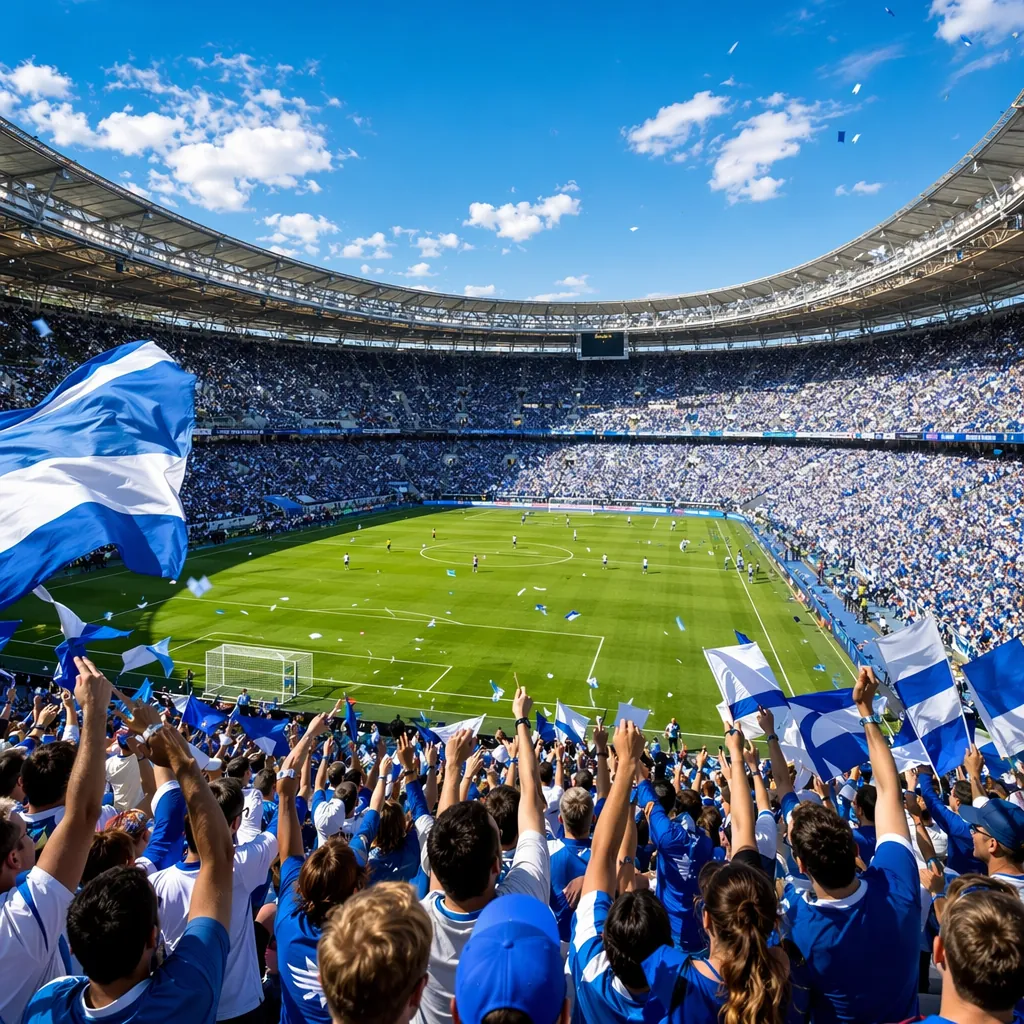Wide shot of packed World Cup stadium with cheering crowd, blue and white fan fl