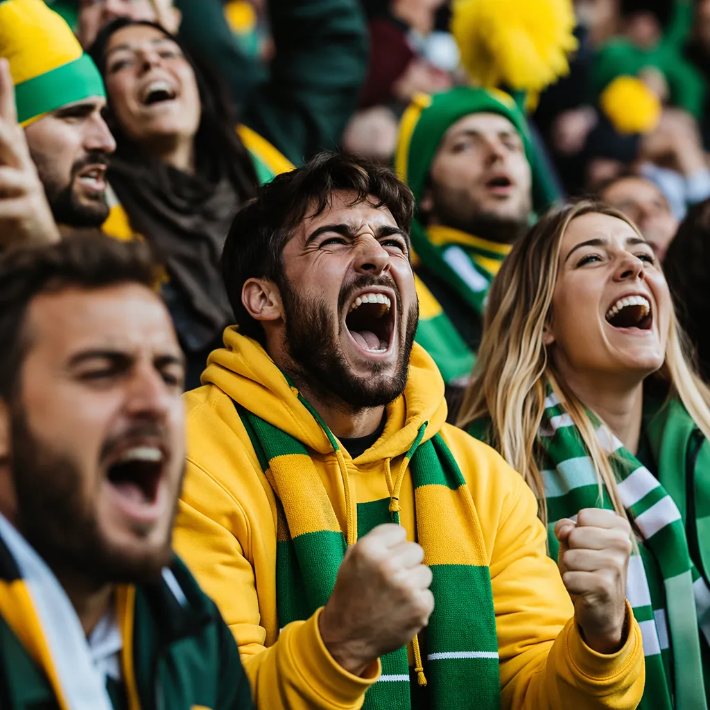Close up shot of excited football fans in stadium stands, varied emotional react