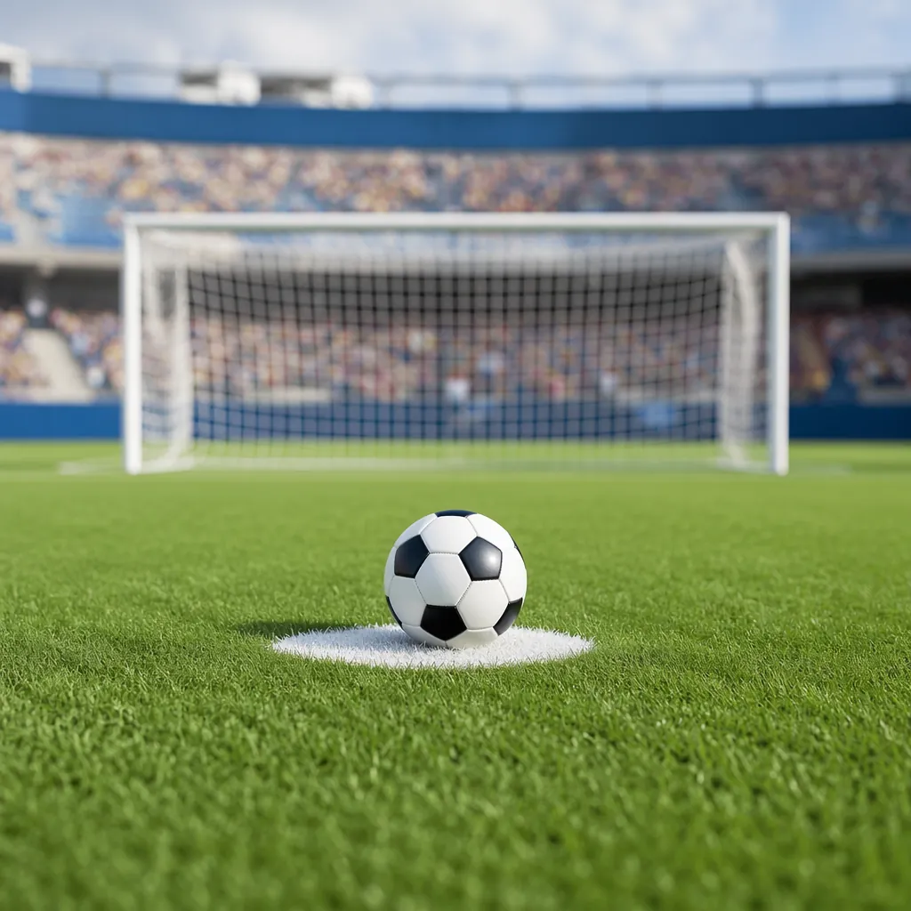 Wide shot of a football penalty spot on a well maintained green pitch, stadium b