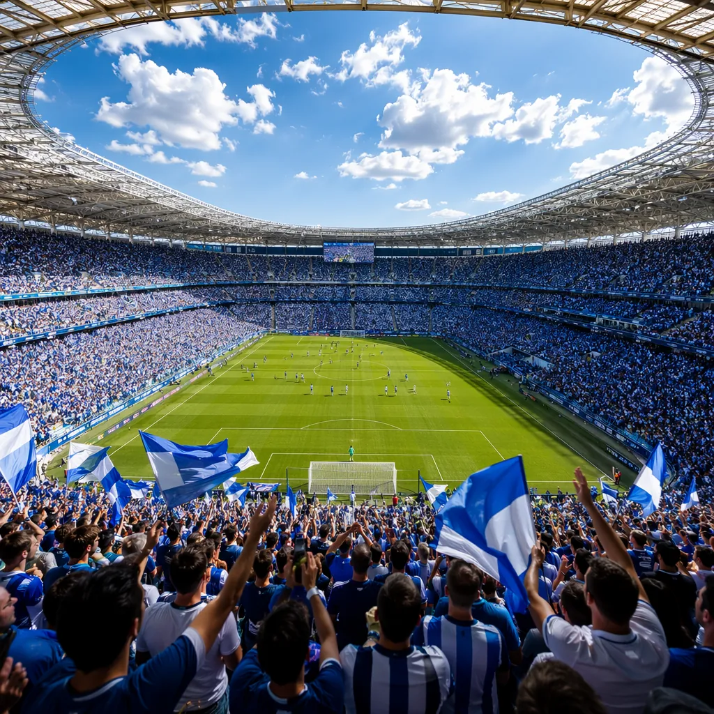 Wide shot of a world cup football stadium filled with cheering fans, blue and wh