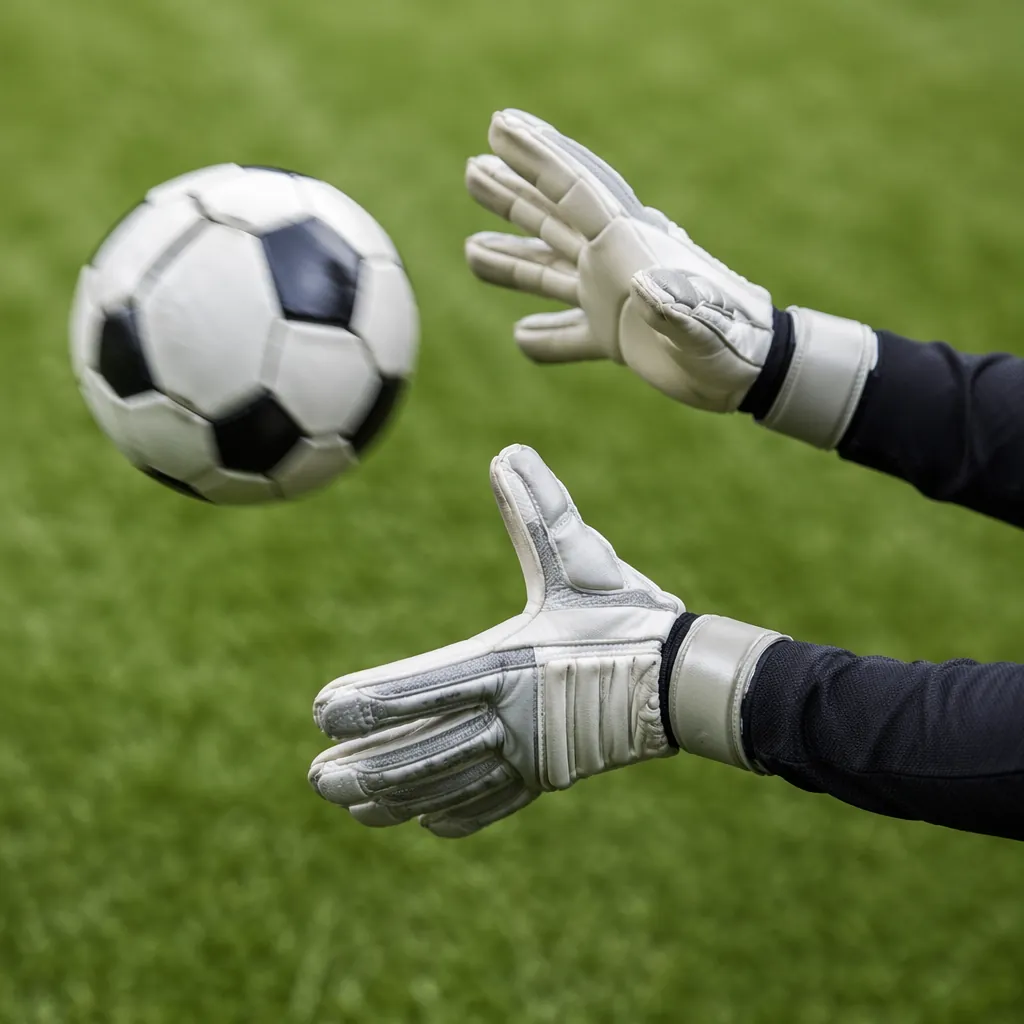 Close-up of goalkeeper gloves making a save motion towards a football, green gra