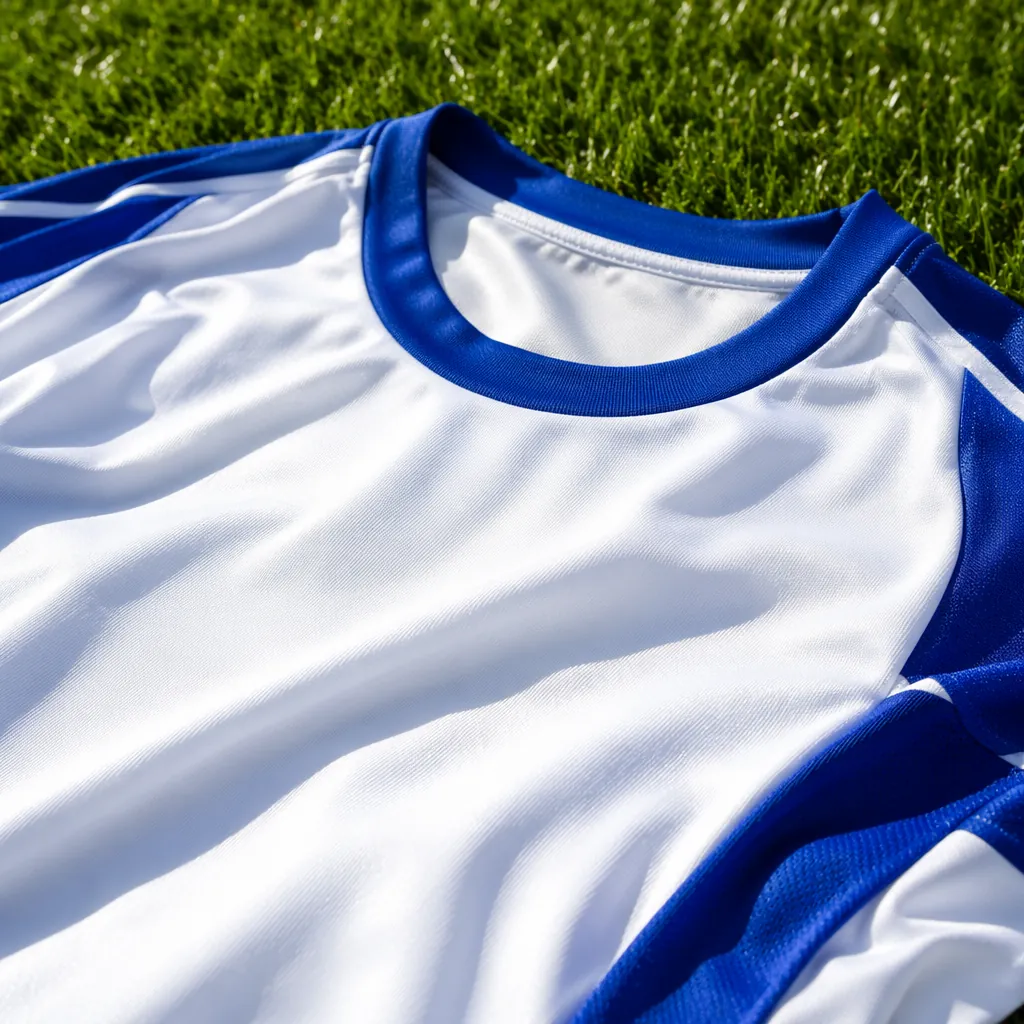 Close-up shot of a crisp white and blue football jersey laid on a well-maintaine
