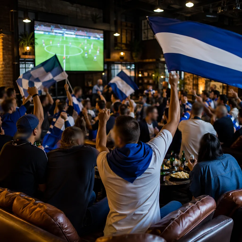 Wide shot of a lively football viewing party, fans holding generic blue and whit
