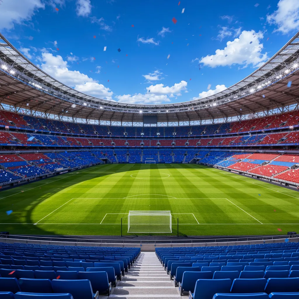 Wide shot of a modern football stadium interior with empty blue and red seats, s